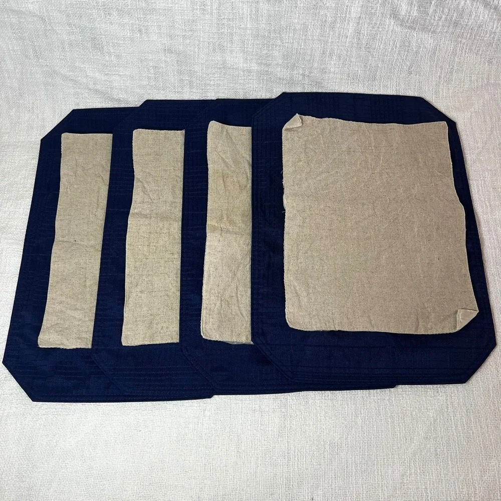 Vtg Set of 4 Navy Beige Placemat Tableware Table Setting 8-Pieces Kitchen Rustic